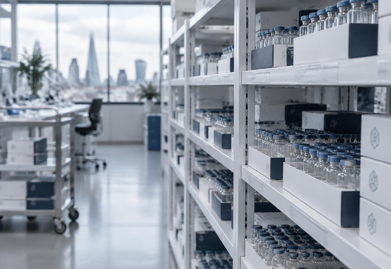 Research vials stored on shelving inside a UK fulfilment facility